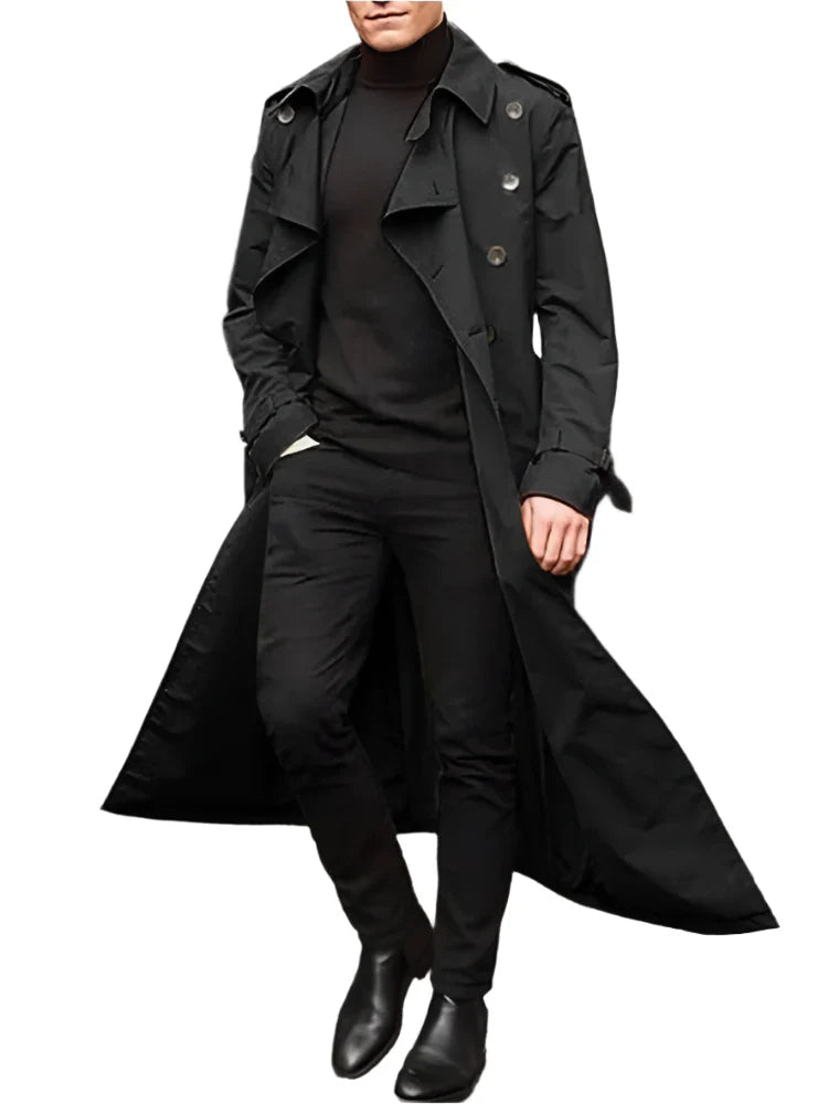 Men's Long Streetwear Trench Coat with Epaulets (Black) OBA