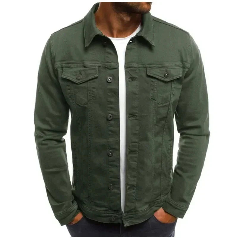 Mens Denim Streetwear Jacket Cotton Casual Slim Fit (Green) OBA