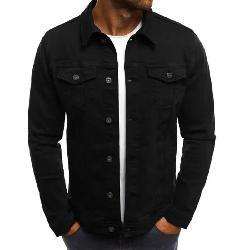 Mens Denim Streetwear Jacket Cotton Casual Slim Fit (Black) OBA