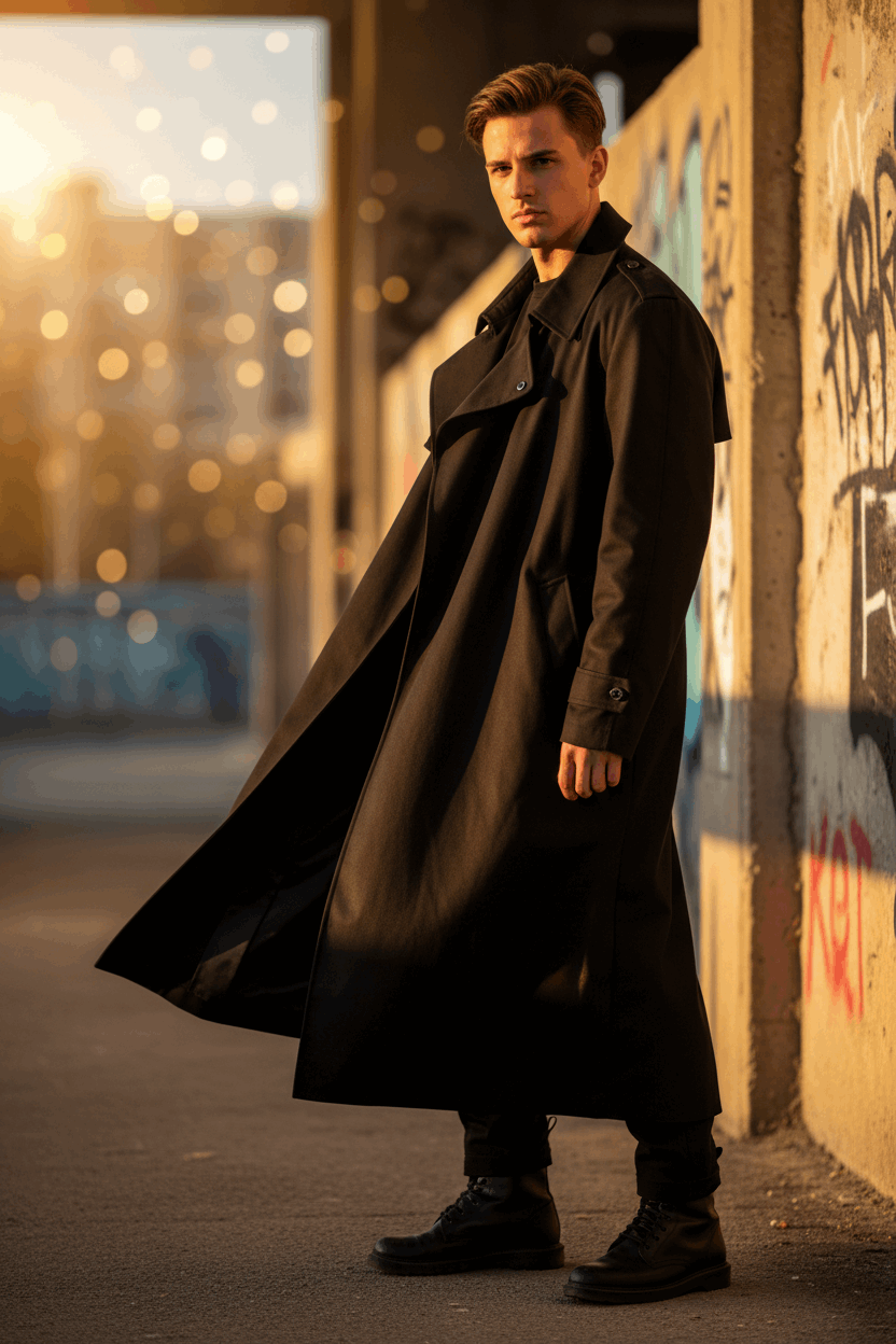Black Trench Coat Lifestyle Shot