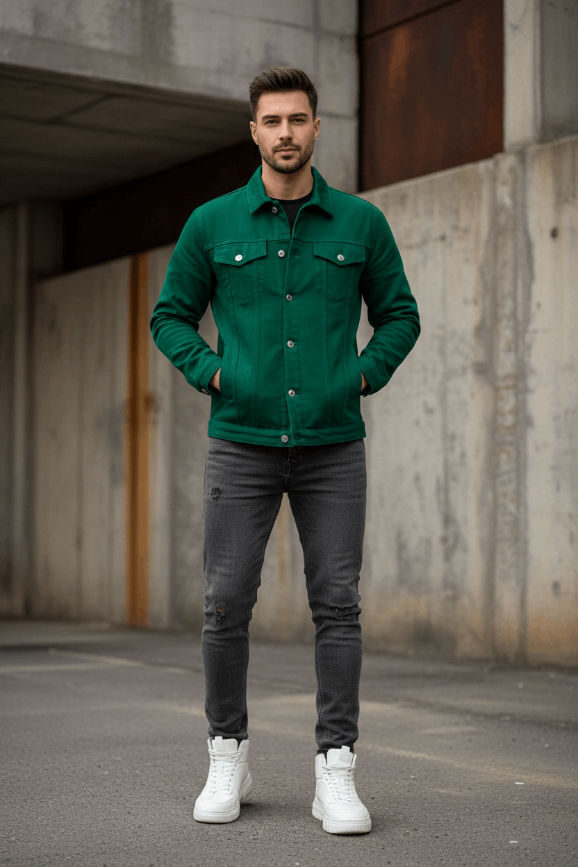 Mens Denim Streetwear Jacket Cotton Casual Slim Fit (Green)